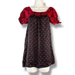 Vintage 90s Cherry Midi Silk Peasant Dress Short Sleeve Retro Romantic Size 10